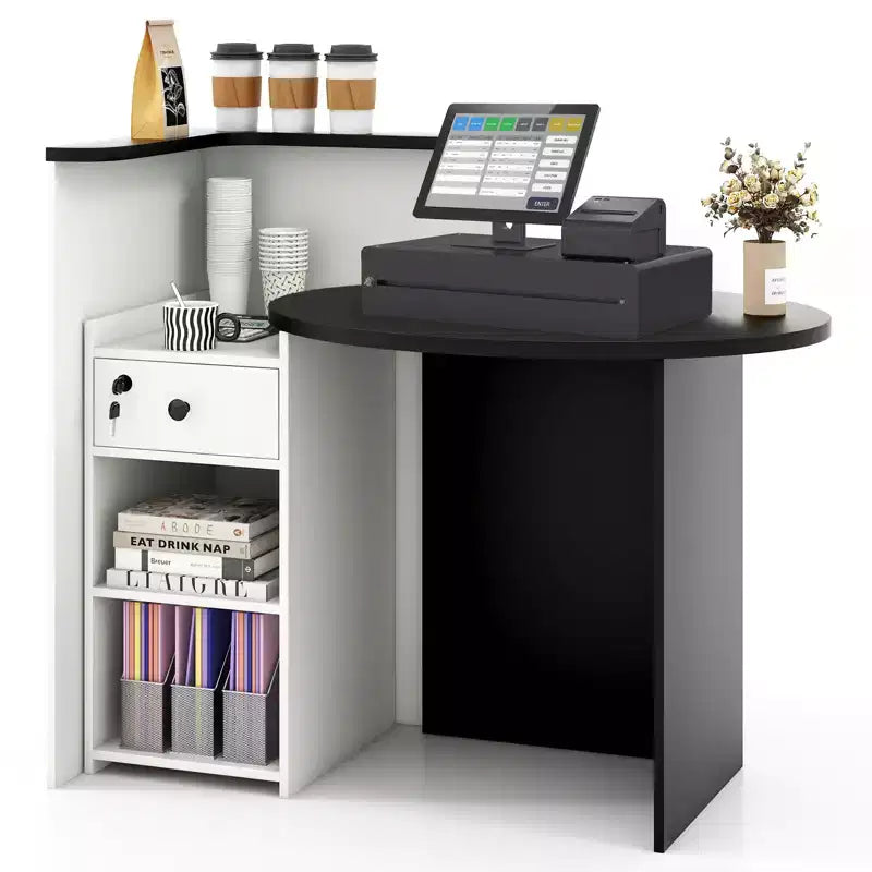 Costway Comptoir de Réception Bureau de Caisse avec Étagère Ouverte et Tiroir Verrouillable Blanc/Marron/Noir