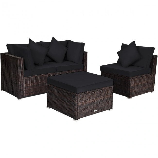 Ensemble de meubles de patio en rotin 4 pièces avec coussins et oreillers amovibles – Canapé d'angle : 73,7 x 73,7 x 63,5 cm