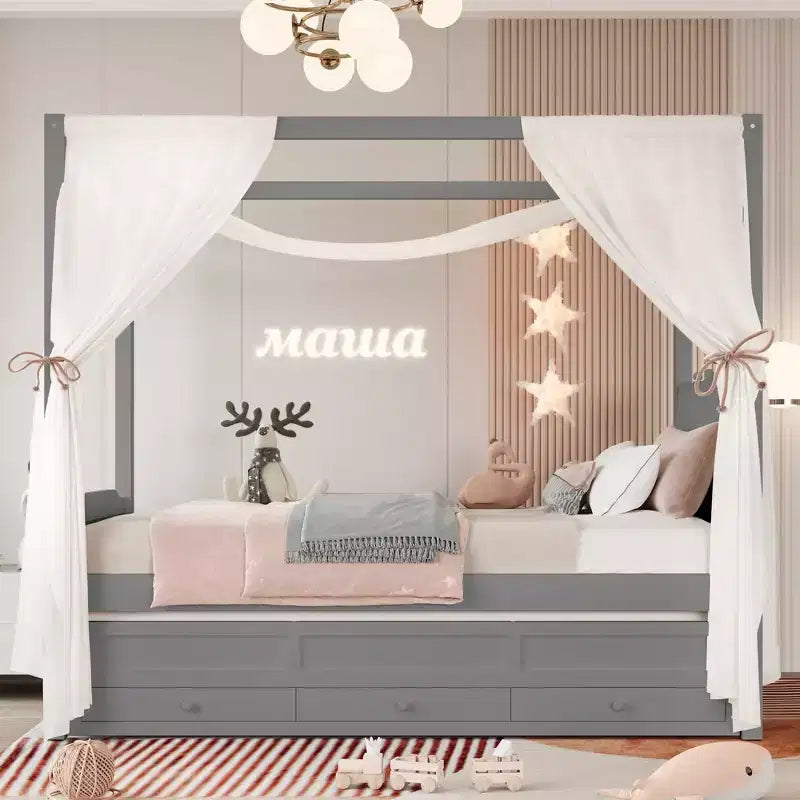 Lit plateforme double/grand format avec lit gigogne, lit à baldaquin en bois de princesse avec 3 tiroirs, lit de rangement avec tête de lit capitonnée pour chambre à coucher