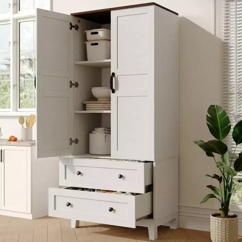 Meuble de rangement haut de 165 cm avec étagères réglables, Armoire de cuisine en bois de style Ferme avec 2 portes et 2 tiroirs, Bibliothèques autoportantes pour salle à manger, salon