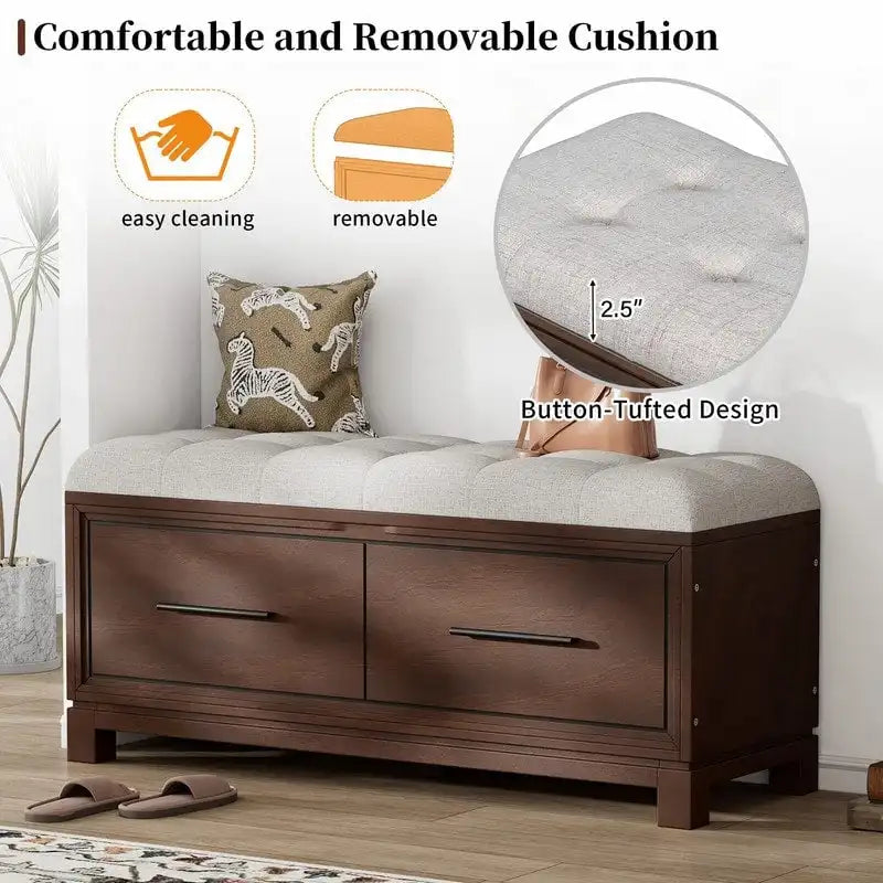 Banc à chaussures avec coussin amovible et rangement dissimulé pour l'organisation de l'entrée et du salon