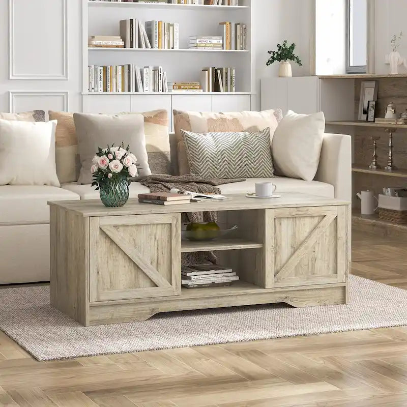 47 table basse rustique de ferme avec rangement et portes coulissantes