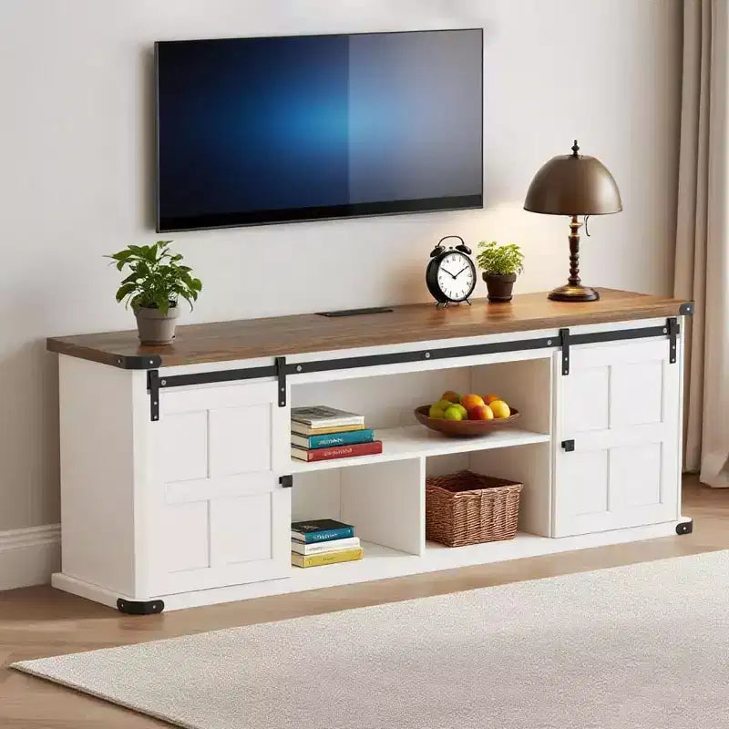 Meuble TV 70 po pour téléviseurs 75 po, centre de divertissement style ferme avec portes coulissantes de grange et armoires de rangement, table console TV média moderne