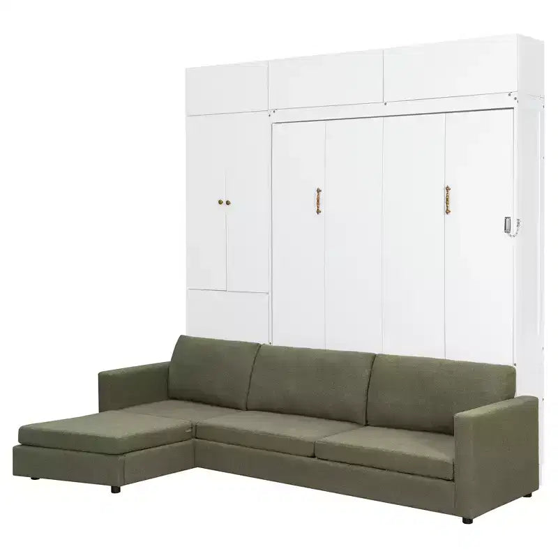 Lit escamotable Queen size avec canapé et armoire, Lit mural Queen en bois avec étagères, Lit escamotable pour chambre d'amis ou bureau