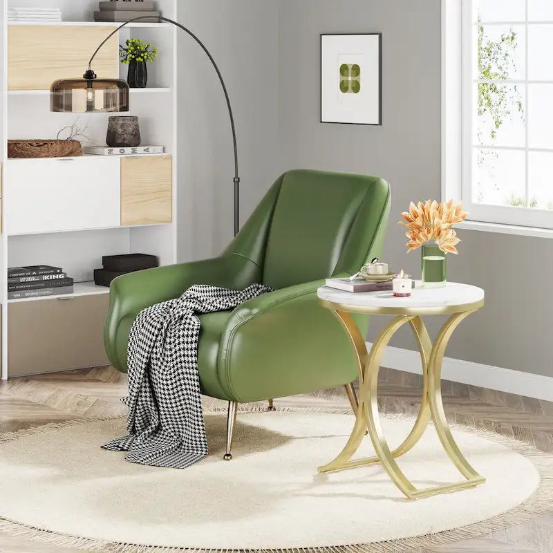 Petite table d'appoint ronde moderne, bout de canapé ou table de chevet avec structure en métal doré et plateau en bois d'ingénierie aspect marbre pour salon