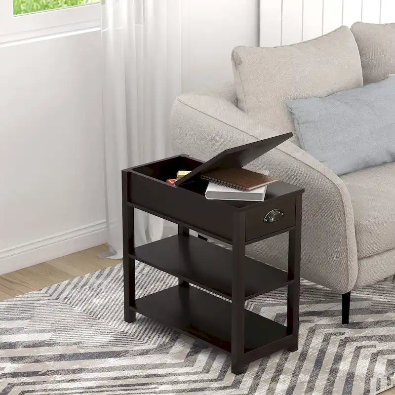Table d'appoint étroite à plateau relevable avec tiroir, table de chevet avec 2 étagères de rangement ouvertes, petite table pour salon, chambre à coucher