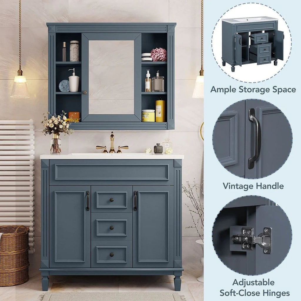 Meuble-lavabo moderne de 36 po avec vasque et armoire à miroir, 2 portes et 2 tiroirs