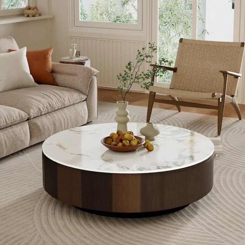 Table basse ronde moderne de 35 en faux marbre, plateau en pierre frittée blanche brillante, table de style milieu du siècle avec tiroir en bois massif
