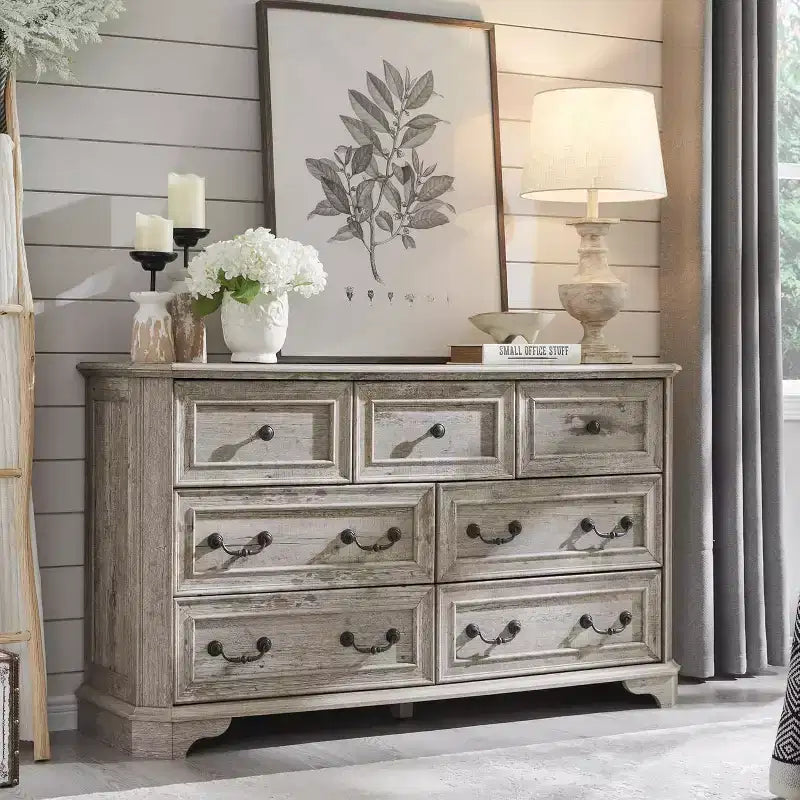 Commode à 7 tiroirs de 54 po pour chambre à coucher, coffre de rangement rustique vintage pour salon et couloir
