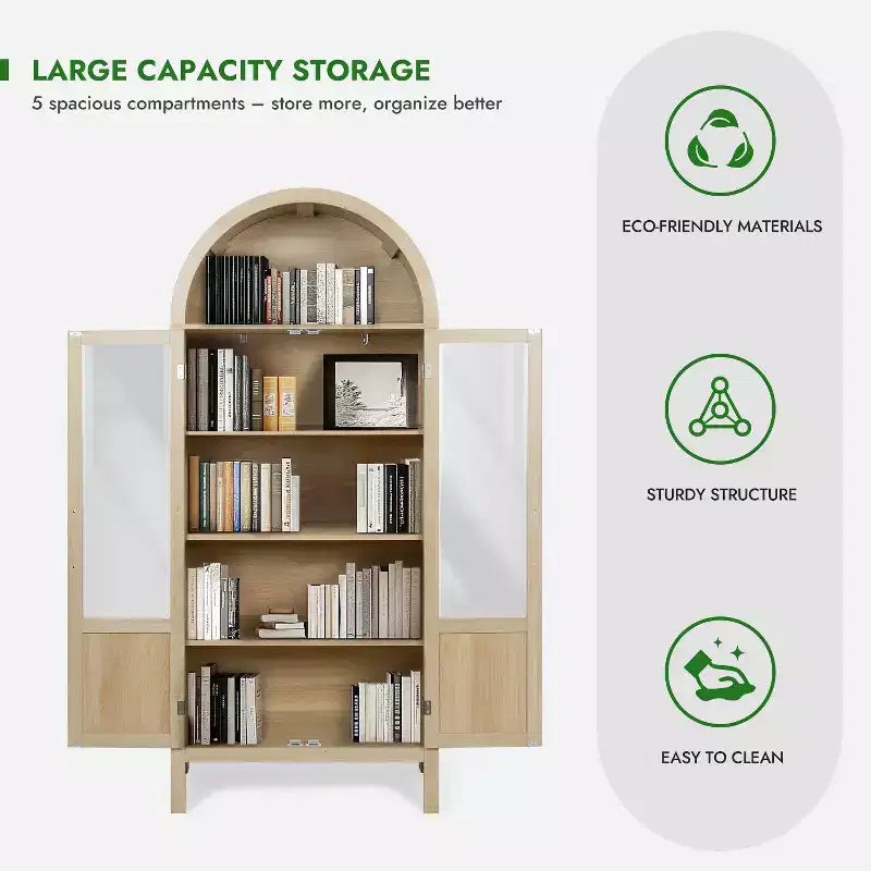 Meuble de rangement haut cintré de 71 po avec 2 portes en acrylique et étagères pour salon