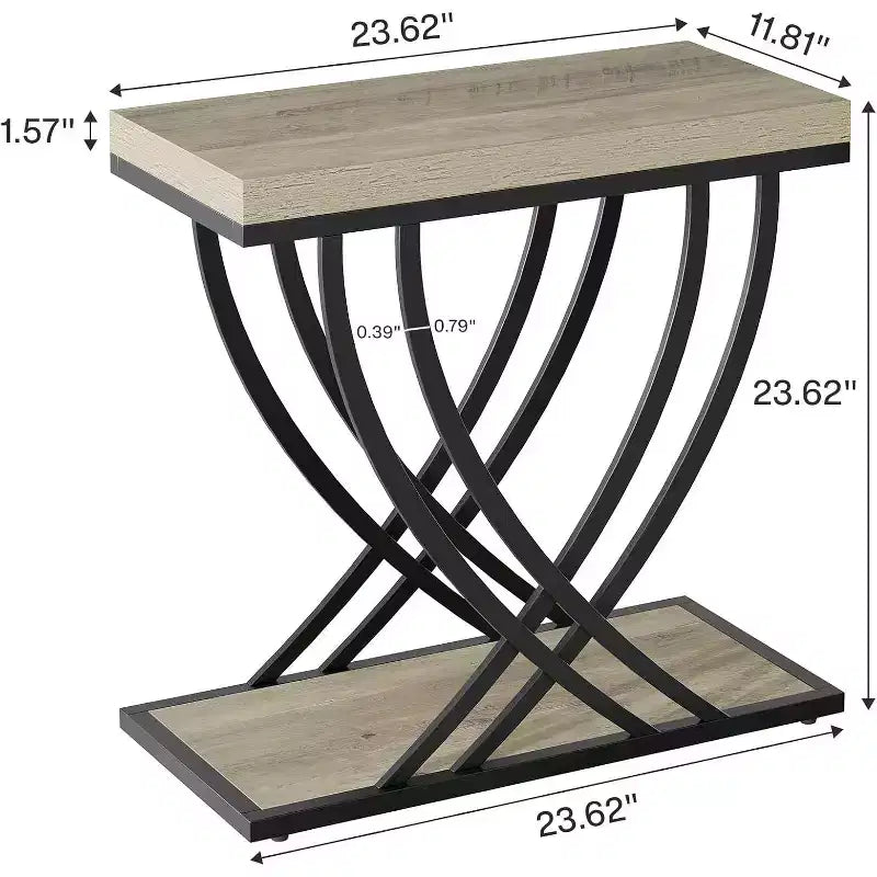 Table d'appoint, bout de canapé étroit à 2 niveaux pour salon, table de chevet industrielle avec structure en métal pour chambre, canapé, petits espaces, gris