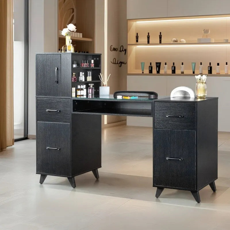 Bureau informatique de 140 cm avec étagères, tiroirs et armoire