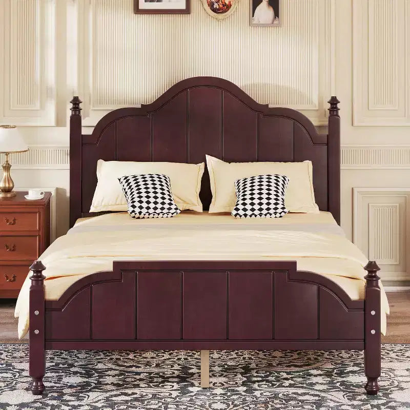 Cadre de lit plateforme Queen vintage - Pin massif, tête de lit en MDF, pas besoin de sommier