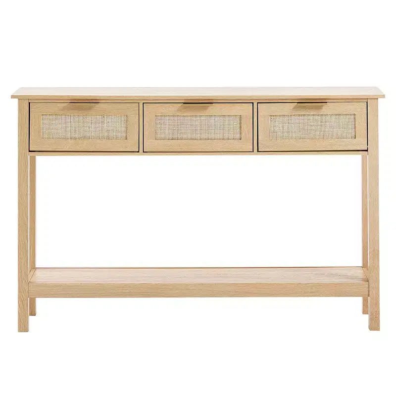 VEVOR Console en rotin avec 3 tiroirs de rangement, table d'entrée en rotin avec porte coulissante en rotin naturel, table de canapé console, naturelle