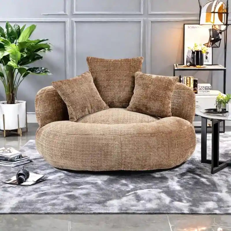 Fauteuil d'appoint rond surdimensionné avec haut dossier enveloppant, revêtement en chenille et 3 coussins