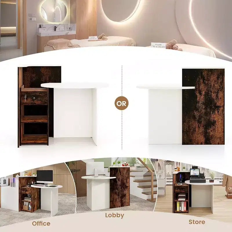 Costway Comptoir de Réception Bureau de Caisse avec Étagère Ouverte et Tiroir Verrouillable Blanc/Marron/Noir