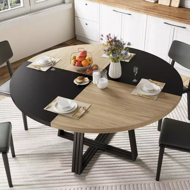 Table de salle à manger ronde pour 4 à 6 personnes, table de cuisine de 120 cm avec étagère de rangement, table à manger en bois avec base en métal pour salon, sans chaises
