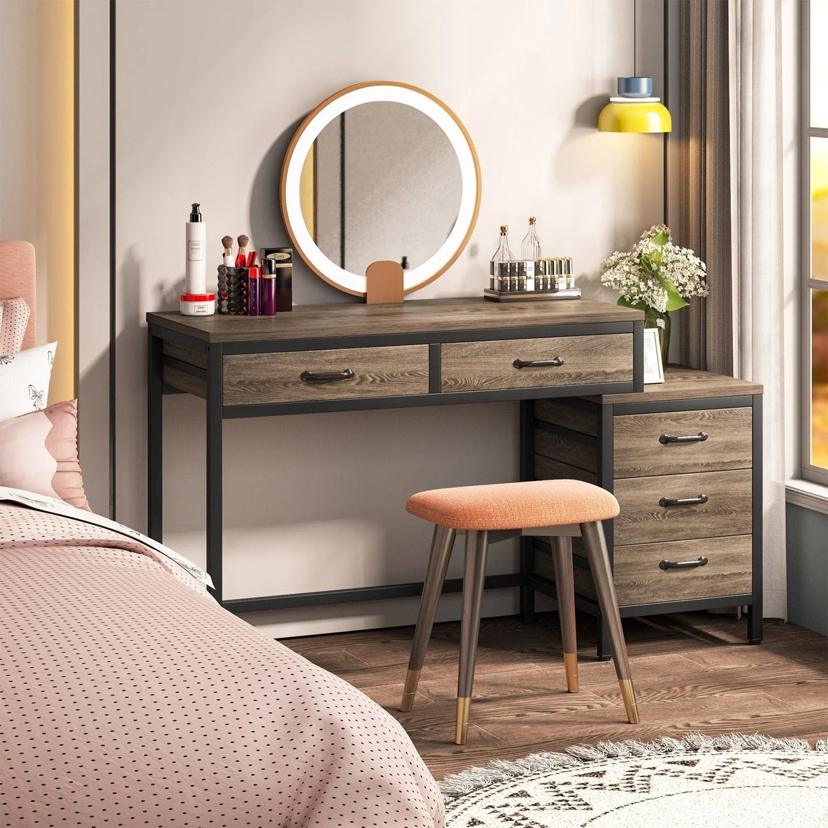 Bureau d'ordinateur réversible avec 5 tiroirs, bureau de travail à domicile avec caisson de rangement pour dossiers et support pour imprimante