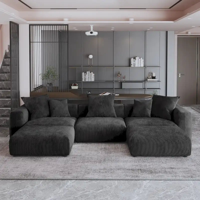 Canapé d’angle modulable 141,73, canapé en velours côtelé en U avec poufs