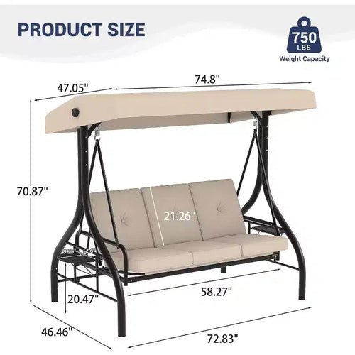 Balançoire de jardin convertible 2-en-1 à 3 places avec auvent réglable, lit de balançoire de patio avec support, coussins épais et porte-gobelets, pour jardin, cour ou porche
