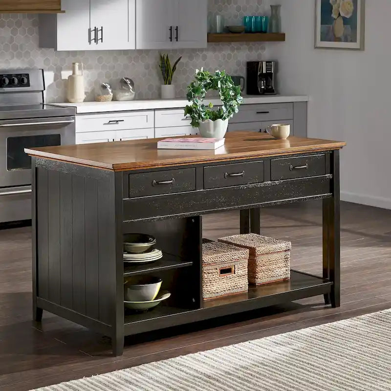 Îlot de cuisine extensible Eleanor bicolore avec finition antique et 3 tiroirs par iNSPIRE Q Classic