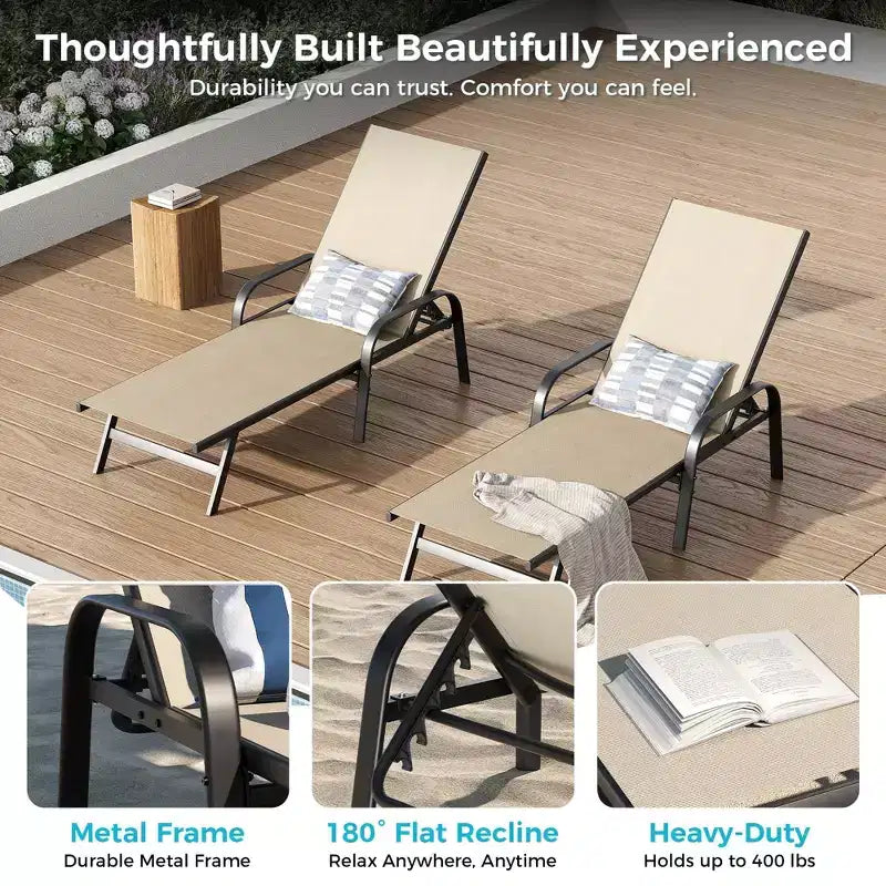 Lot de 2 Chaises Longues de Jardin, Chaises Inclinables Réglables sur 5 Positions avec Tissu Textilène, Transats de Piscine pour Jardin et Balcon