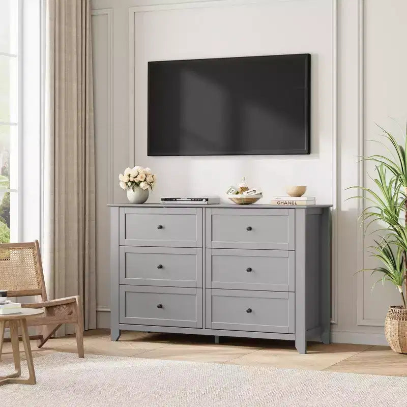 Commode à 6 tiroirs pour chambre à coucher, grande commode avec tiroirs profonds et poignées en métal, commodes modernes en bois pour entrée, couloir
