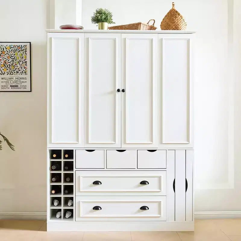 Armoire de cuisine autoportante haute Whisen 71, grand buffet de rangement pour salle à manger avec 4 portes pliantes, étagères et casiers à vin
