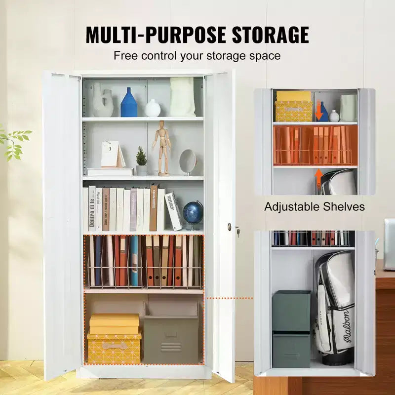 Armoire de rangement en métal VEVOR, armoire de rangement verrouillable en acier avec 2 portes magnétiques et 4 étagères réglables, armoire métallique de 180 cm (71 po), capacité de 90 kg (200 lb), blanc