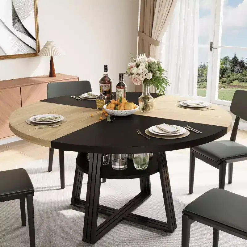Table de salle à manger ronde pour 4 à 6 personnes, table de cuisine de 120 cm avec étagère de rangement, table à manger en bois avec base en métal pour salon, sans chaises