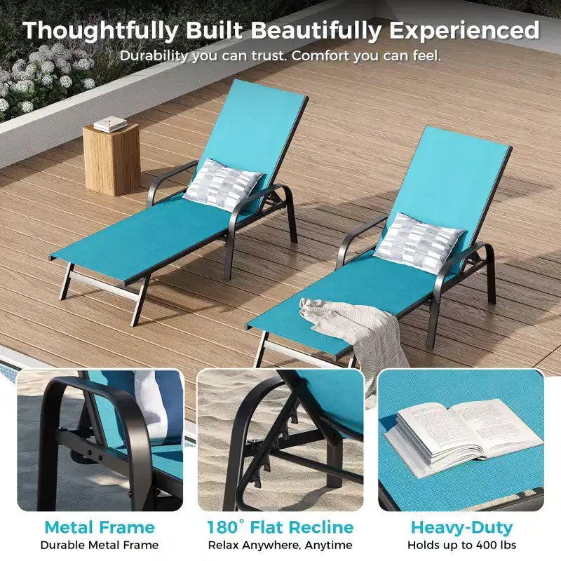 Lot de 2 chaises longues de jardin, transat inclinable réglable sur 5 positions, tissu Textilène, chaise longue de piscine de 193 cm pour terrasse, jardin et bord de piscine