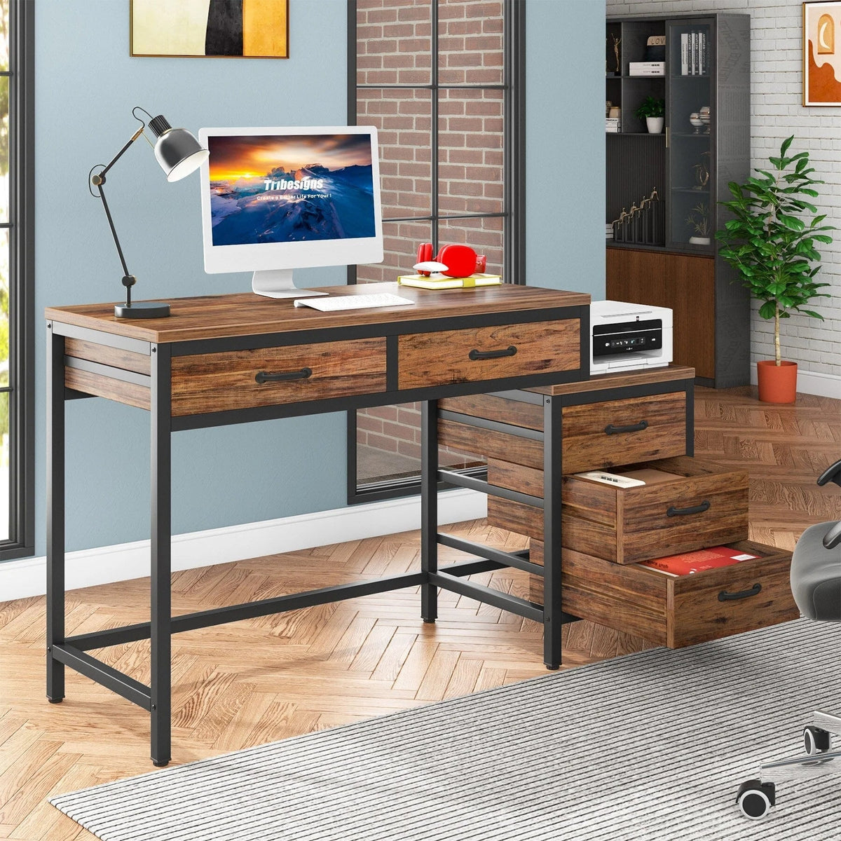 Bureau d'ordinateur réversible avec 5 tiroirs, bureau de travail à domicile avec caisson de rangement pour dossiers et support pour imprimante