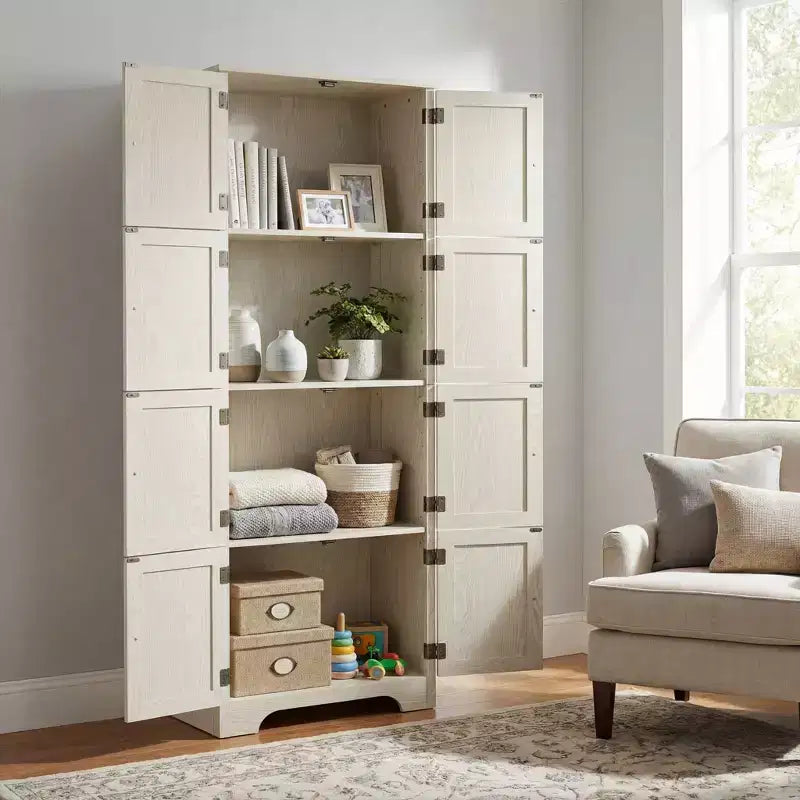Armoire de rangement haute autoportante blanche 72,4 po – 8 portes et 4 étagères