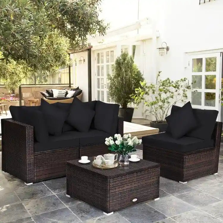 Ensemble de meubles de patio en rotin 4 pièces avec coussins et oreillers amovibles – Canapé d'angle : 73,7 x 73,7 x 63,5 cm