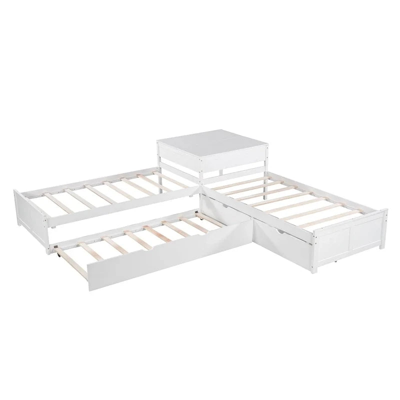 Lit plateforme moderne blanc en forme de L pour deux personnes avec lit gigogne et tiroirs pour chambre à coucher