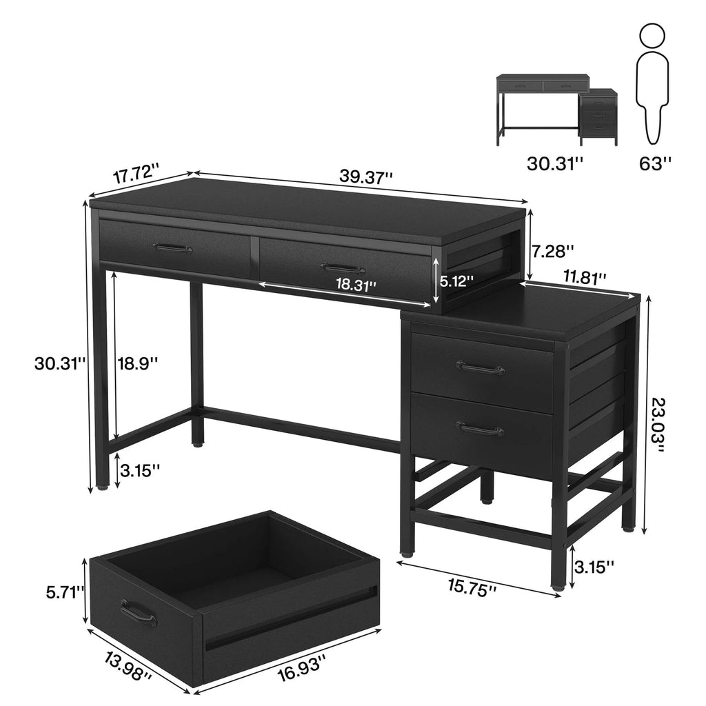 Bureau d'ordinateur réversible avec 5 tiroirs, bureau de travail à domicile avec caisson de rangement pour dossiers et support pour imprimante