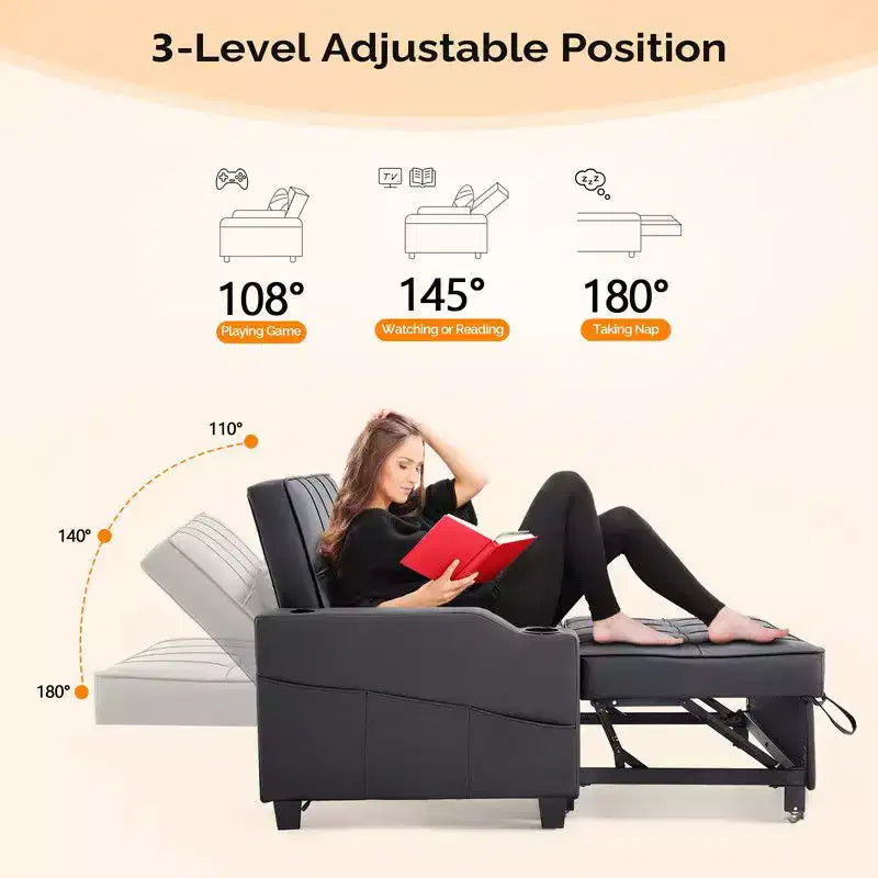Canapé-lit convertible inclinable en cuir rembourré « Cats Claw » avec coussins pour petits espaces