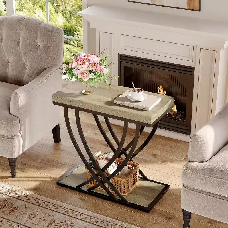 Table d'appoint, bout de canapé étroit à 2 niveaux pour salon, table de chevet industrielle avec structure en métal pour chambre, canapé, petits espaces, gris