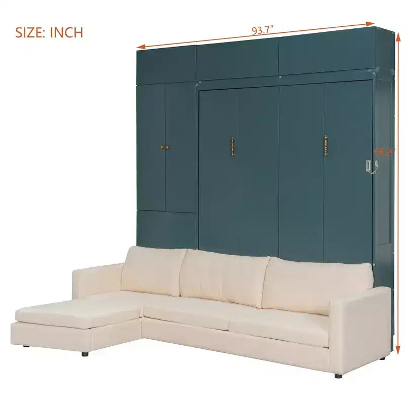 Lit escamotable Queen size avec canapé et armoire, Lit mural Queen en bois avec étagères, Lit escamotable pour chambre d'amis ou bureau