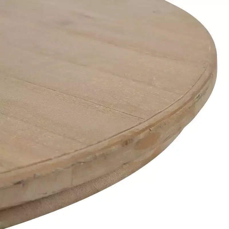 Table basse ronde en bois, marron rustique et blanc, piètement entrecroisé