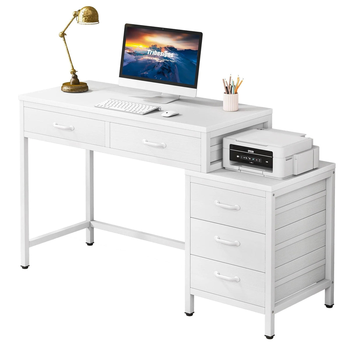 Bureau d'ordinateur réversible avec 5 tiroirs, bureau de travail à domicile avec caisson de rangement pour dossiers et support pour imprimante