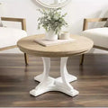 Table basse ronde en bois, marron rustique et blanc, piètement entrecroisé