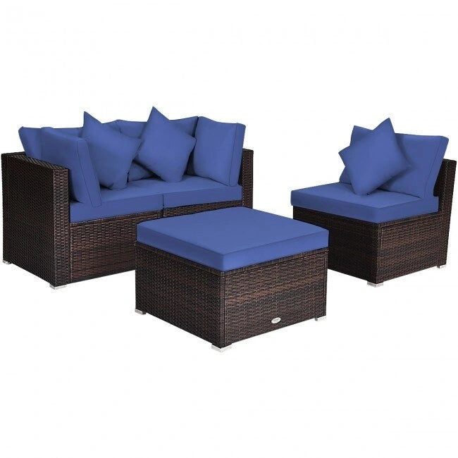 Ensemble de meubles de patio en rotin 4 pièces avec coussins et oreillers amovibles – Canapé d'angle : 73,7 x 73,7 x 63,5 cm