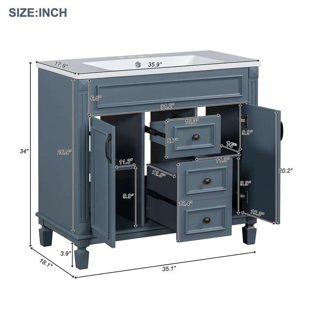 Meuble-lavabo moderne de 36 po avec vasque et armoire à miroir, 2 portes et 2 tiroirs