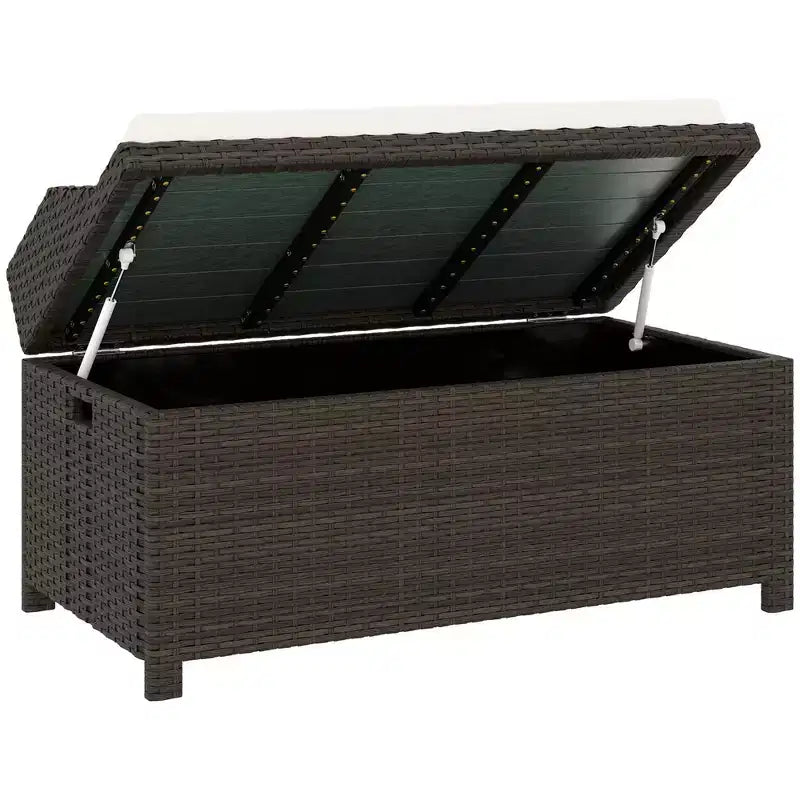 Banc de rangement d'extérieur en osier avec espace de rangement et coussin