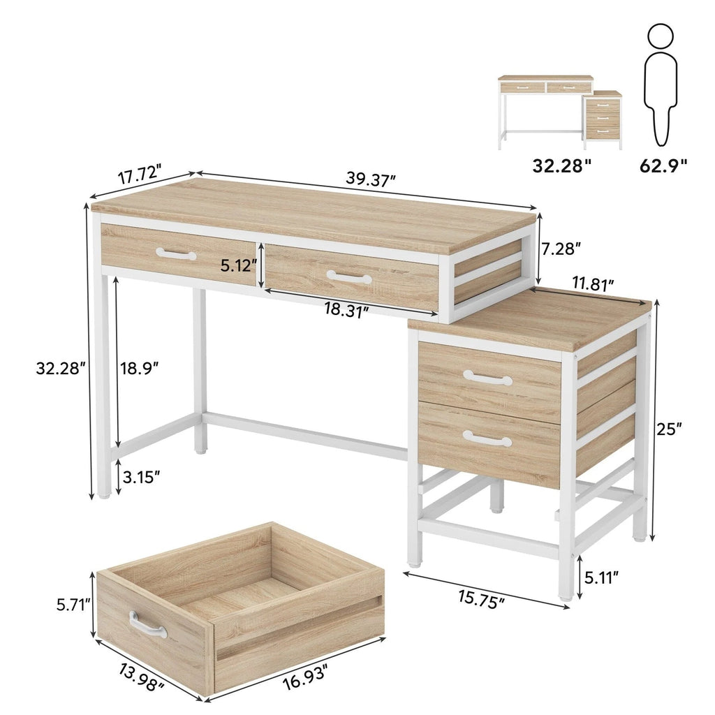 Bureau d'ordinateur réversible avec 5 tiroirs, bureau de travail à domicile avec caisson de rangement pour dossiers et support pour imprimante