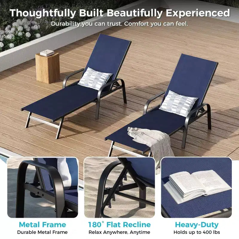 Lot de 2 Chaises Longues de Jardin, Chaises Inclinables Réglables sur 5 Positions avec Tissu Textilène, Transats de Piscine pour Jardin et Balcon