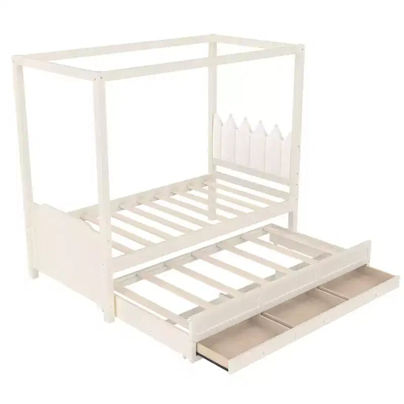 Lit plateforme double/grand format avec lit gigogne, lit à baldaquin en bois de princesse avec 3 tiroirs, lit de rangement avec tête de lit capitonnée pour chambre à coucher