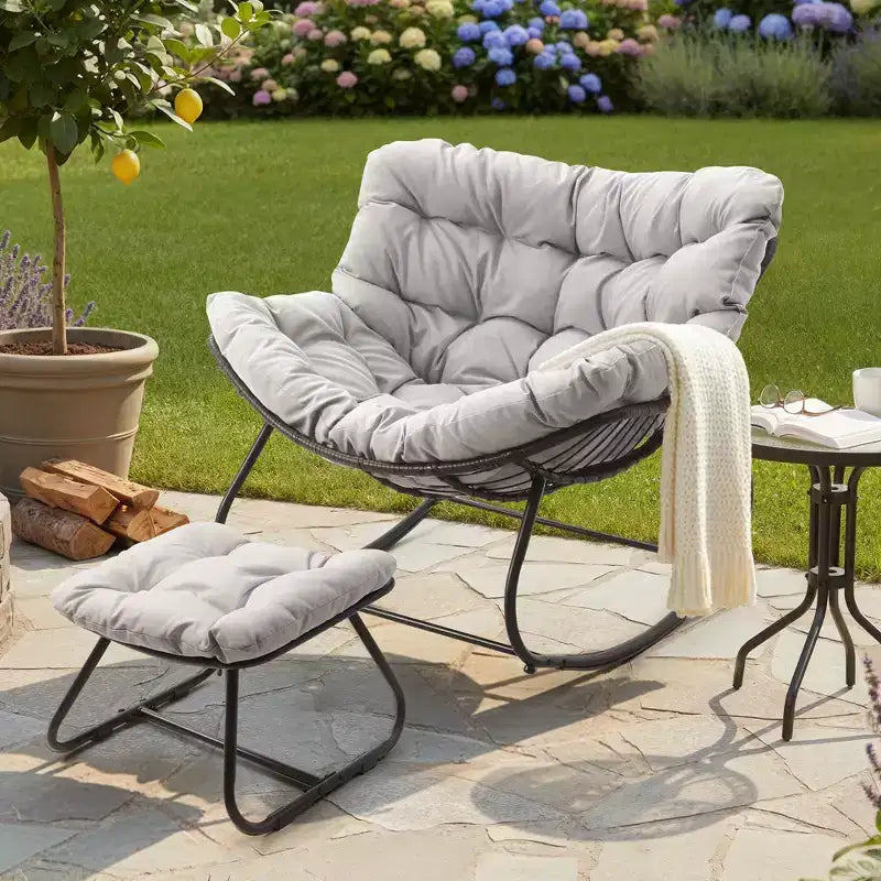 Fauteuil à bascule Heynemo pour patio avec ottoman, fauteuil à bascule œuf intérieur/extérieur avec coussins, fauteuil de salon en métal, fauteuil papasan surdimensionné, fauteuil de lecture