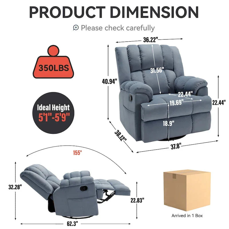 Fauteuil inclinable pivotant et à bascule en tissu Lazy Boy, grand fauteuil berçant manuel rembourré à l’excès avec accoudoirs à coussinet et dossier rembourré
